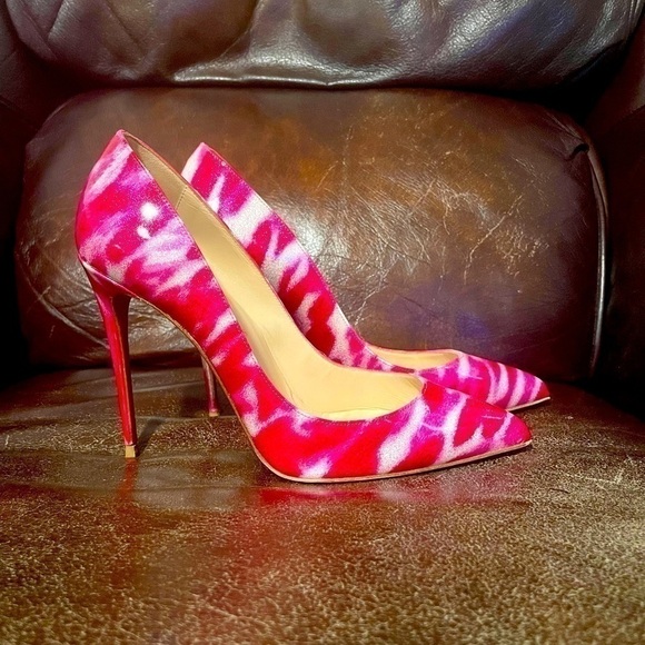 CHRISTIAN Louboutin EU38.5 patent leather, Christmas Candy cane like print 100mm - Picture 4 of 10